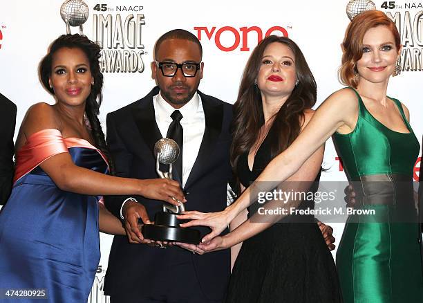 Actors Kerry Washington, Columbus Short, Katie Lowes, and Darby Stanchfield, winners of the Outstanding Drama Series award for 'Scandal,' pose in the...