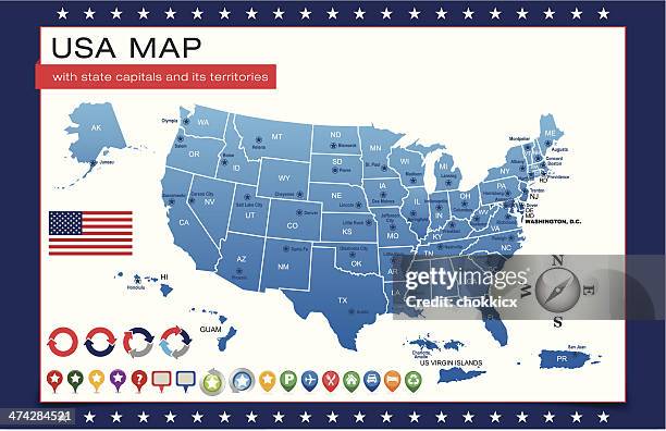 blue usa map outline with state capitals and its territories - mariana islands stock illustrations