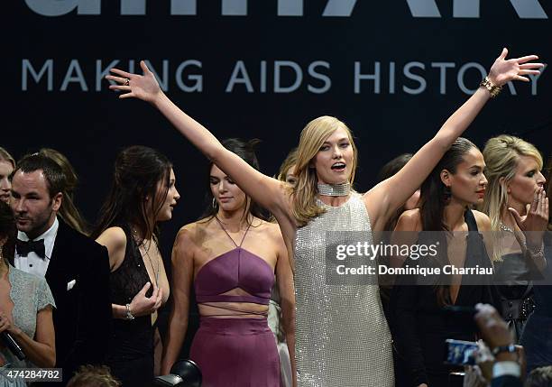 Designer Tom Ford, models Bella Hadid, Kendall Jenner, Karlie Kloss, Joan Smalls and Karolina Kurkova onstage during amfAR's 22nd Cinema Against AIDS...