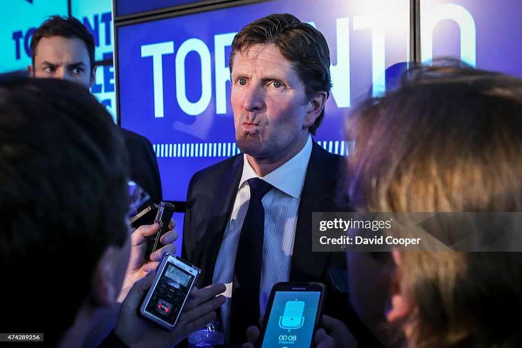 Mike Babcock the new head coach of the Toronto Maple Leafs answers questions from the media as he is introduced to Toronto at a press conference