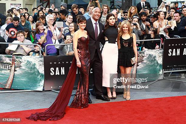 Carla Gugino, Dwayne Johnson, Alexandra Daddario and Kylie Minogue attend the UK Premiere of "San Andreas" at Odeon Leicester Square on May 21, 2015...