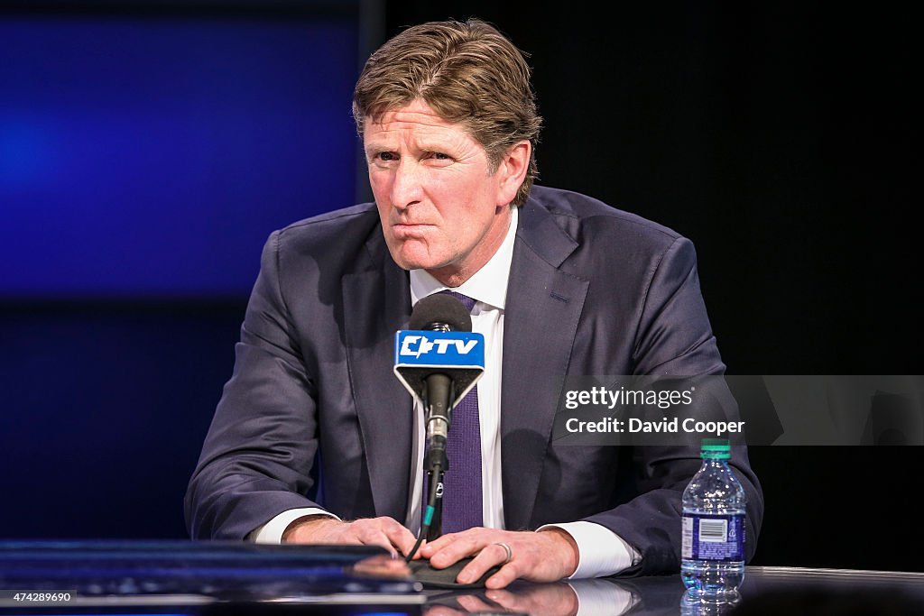 Mike Babcock the new head coach of the Toronto Maple Leafs answers questions from the media as he is introduced to Toronto at a press conference
