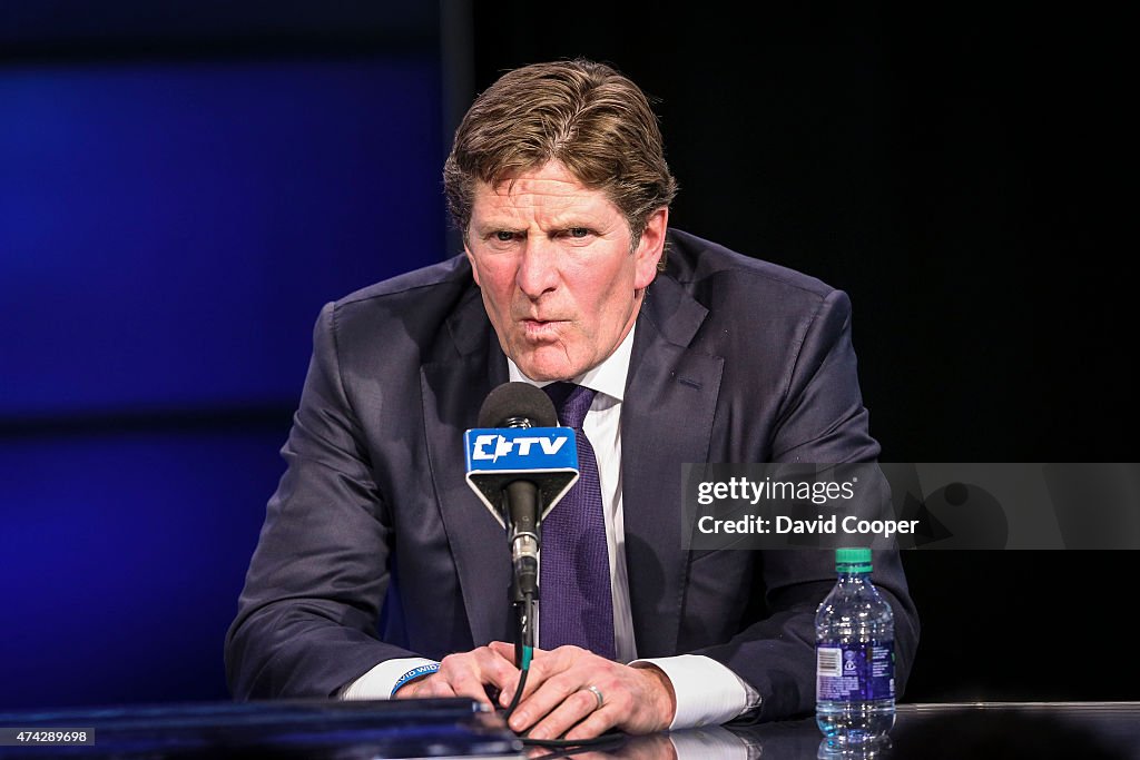 Mike Babcock the new head coach of the Toronto Maple Leafs answers questions from the media as he is introduced to Toronto at a press conference