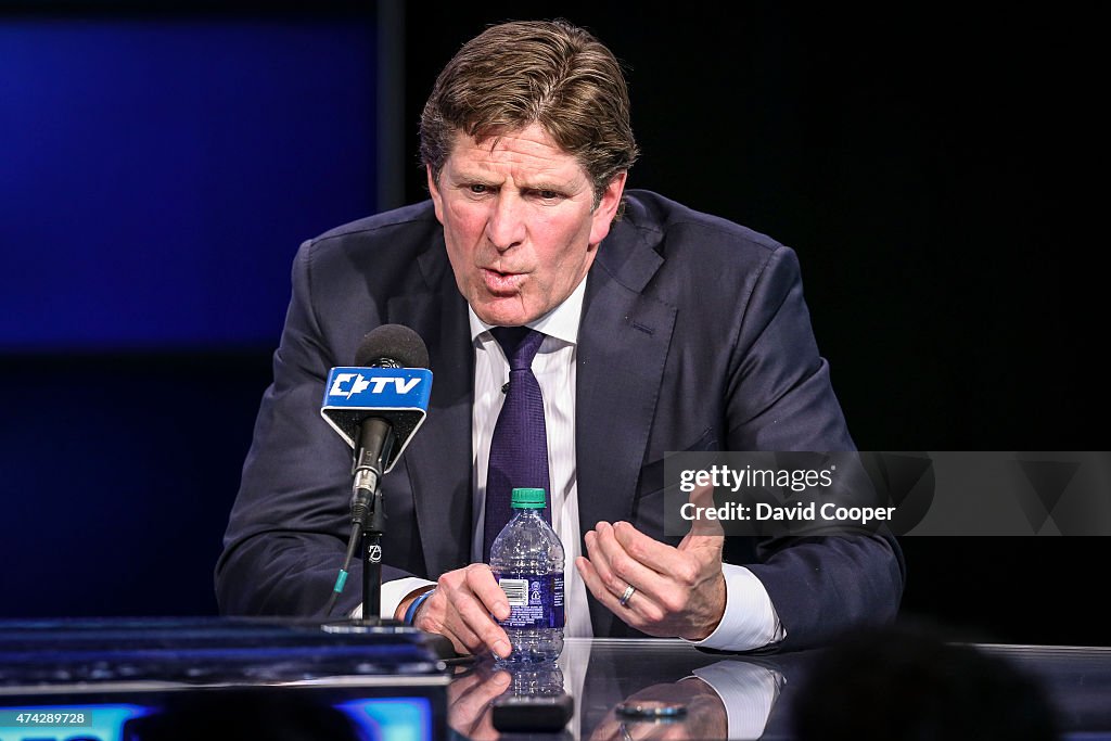 Mike Babcock the new head coach of the Toronto Maple Leafs answers questions from the media as he is introduced to Toronto at a press conference