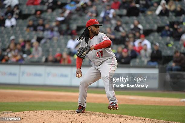 Johnny Cueto of the Cincinnati Reds pitches against the Chicago White Sox during the first game of a doubleheader on May 9, 2015 at U.S. Cellular...