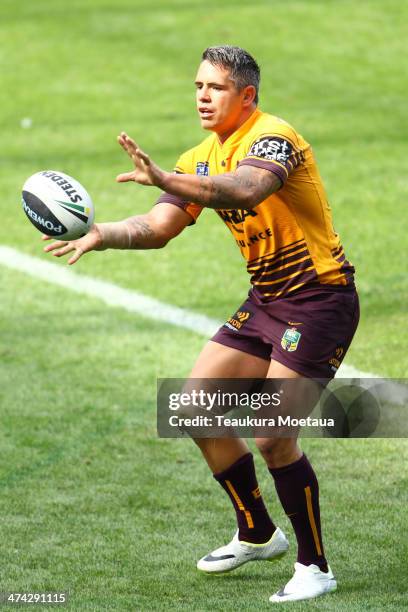 Corey Parker of the Brisbane Broncos looks to pass during the NRL trial match between the Brisbane Broncos and the New Zealand Warriors at Forsyth...