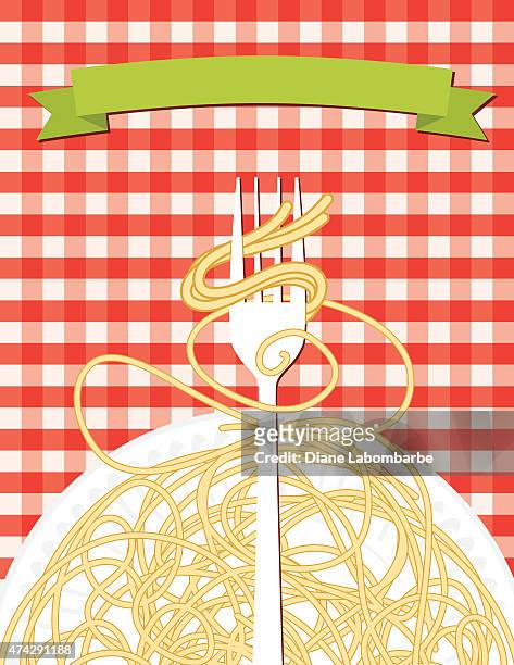 Spaghetti Dinner With Fork And Noodles On Red Checkered Tablecloth High-Res  Vector Graphic - Getty Images