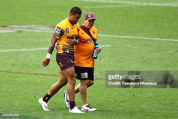 Josh Hoffman of the Brisbane Broncos walks off injured during the NRL trial match between the Brisbane Broncos and the New Zealand Warriors at...