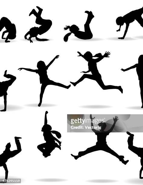 kinder springen - silhouette mädchen rennen stock-grafiken, -clipart, -cartoons und -symbole