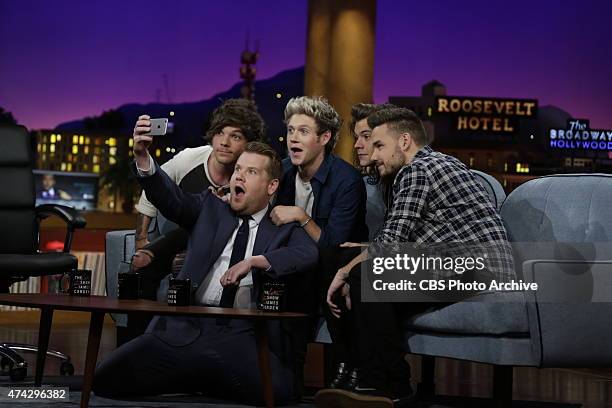 One Direction members Liam Payne, Harry Styles, Louis Tomlinson and Niall Horan join James Corden's Dodgeball appear on "The Late Late Show with...