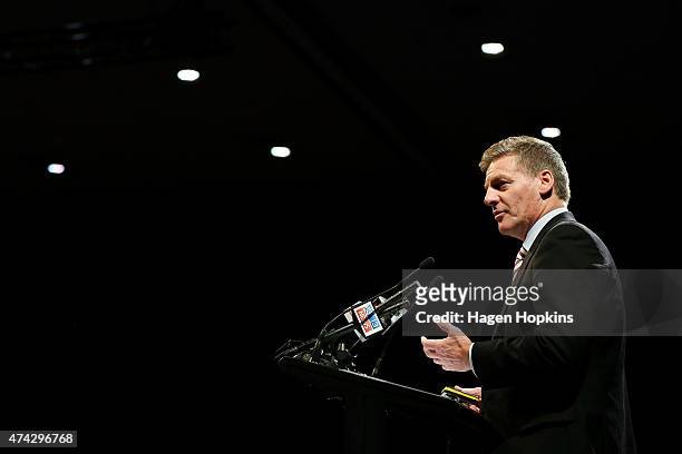 Finance Minister Bill English speaks during a post-budget breakfast at Queen's Wharf on May 22, 2015 in Wellington, New Zealand. The National party...