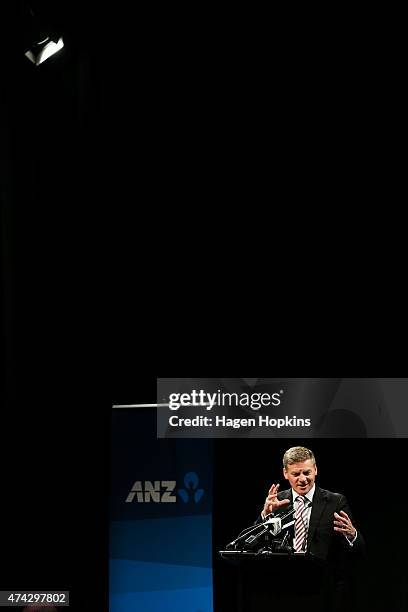 Finance Minister Bill English speaks during a post-budget breakfast at Queen's Wharf on May 22, 2015 in Wellington, New Zealand. The National party...