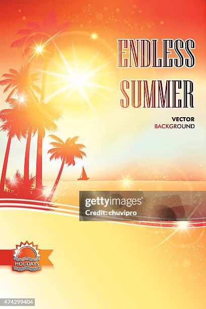 sea view blurred background with palm trees at sunset - red flash background stock illustrations