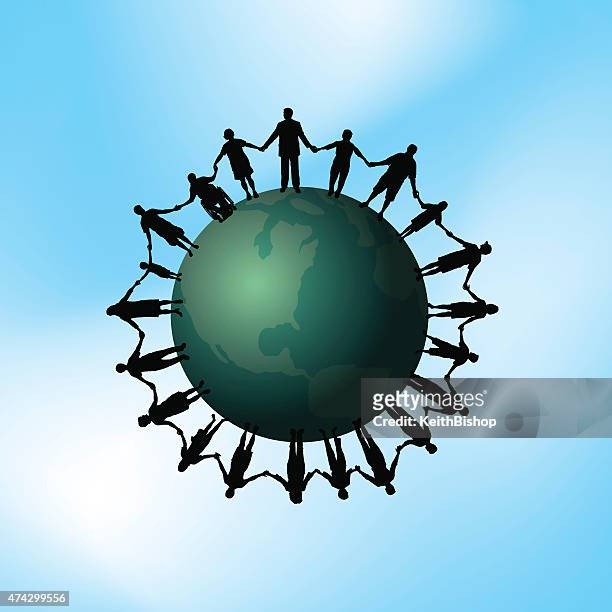 people holding hands around the world background - people holding hands around globe stock illustrations