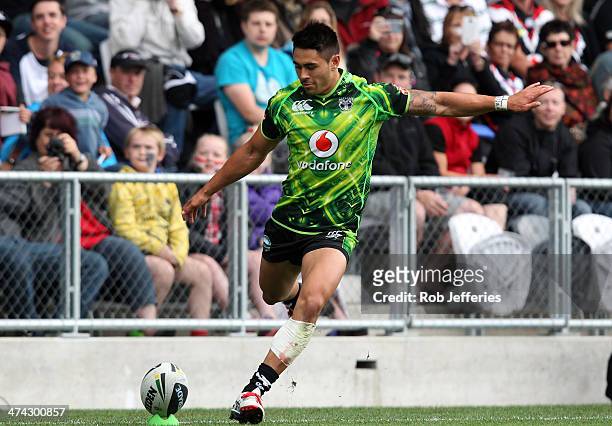 Shaun Johnson of the Warriors kicks a goal during the NRL trial match between the Brisbane Broncos and the New Zealand Warriors at Forsyth Barr...