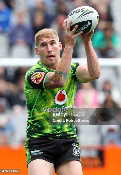 Sam Tomkins of the Warriors looks at his options during the NRL trial match between the Brisbane Broncos and the New Zealand Warriors at Forsyth Barr...