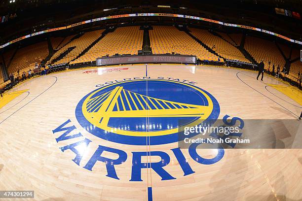 The Golden State Warriors logo before a game against the Houston Rockets in Game Two of the Western Conference Finals of the 2015 NBA Playoffs on May...