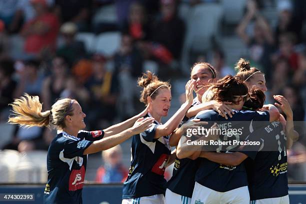 Lisa De Vanna of Victory celebrates with team-mates after scoring a goal during the W-League Grand Final match between the Melbourne Victory and the...