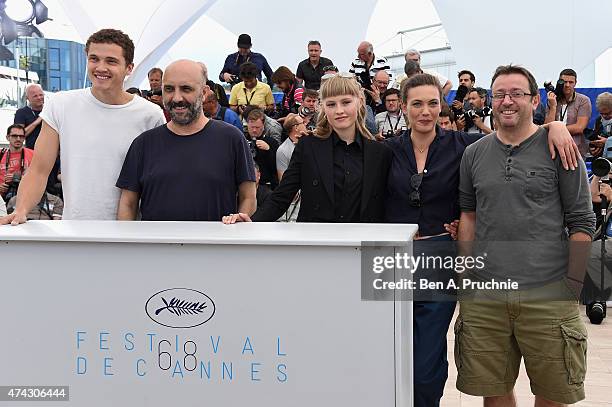 Karl Glusman, Gaspar Noe, Klara Kristin, Aomi Muyock and Vincent Maraval attend the press conference for "Love" during the 68th annual Cannes Film...