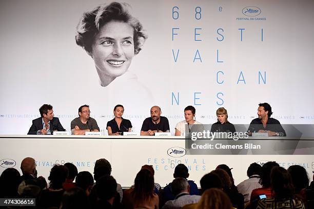 Frederic Taddei, Vincent Maraval, Aomi Muyock, Gaspar Noe, Karl Glusman, Klara Kristin and Edouard Weil attends the press conference for "Love"...