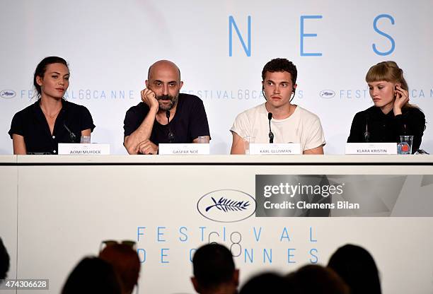 Aomi Muyock, Gaspar Noe, Karl Glusman and Klara Kristin attend the press conference for "Love" during the 68th annual Cannes Film Festival on May 21,...