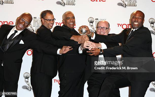 Producers of Real Husbands of Hollywood Ralph Farquhar, Jesse Collins, Stan Lathan, Tim Gibbons, and Chris Spencer pose in the press room during the...