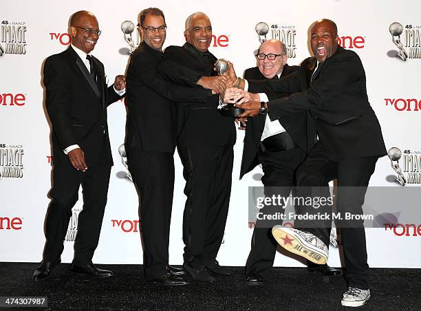 Producers of Real Husbands of Hollywood Ralph Farquhar, Jesse Collins, Stan Lathan, Tim Gibbons, and Chris Spencer pose in the press room during the...