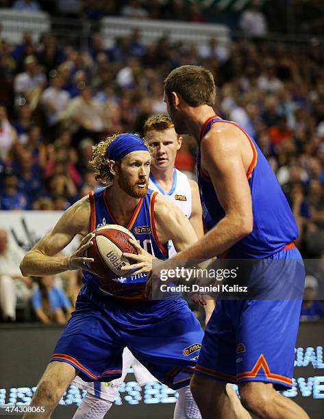 Luke Schenscher of the Sixers looks to pass during the round 19 NBL match between the Adelaide 36ers and the New Zealand Breakers at Adelaide Arena...