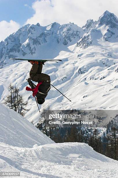 upside down skier jumping - professional skier stock pictures, royalty-free photos & images