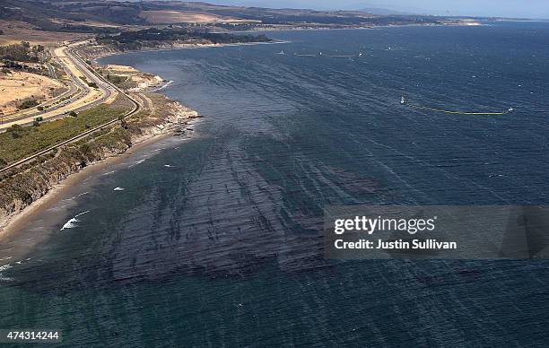 An oil slick is visible on the surface of the Pacific Ocean near Refufio State Beach on May 21, 2015 in Goleta, California. California Gov. Jerry...