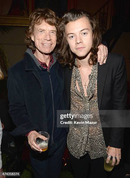 Musician Mick Jagger and Musician Harry Styles of One Direction attend The Rolling Stones Los Angeles Club Show after party at The Fonda Theatre on...