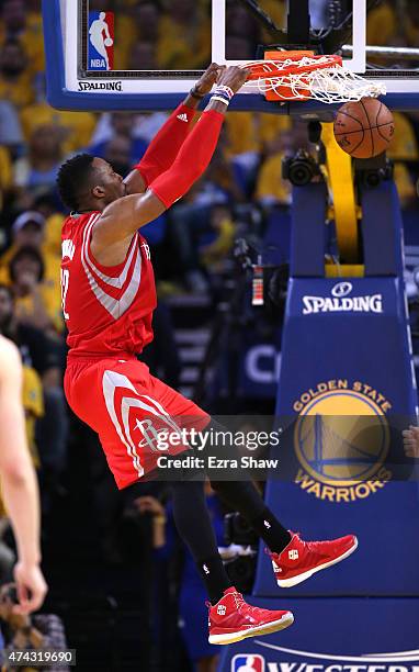 Dwight Howard of the Houston Rockets dunks in the second half against the Golden State Warriors during game two of the Western Conference Finals of...