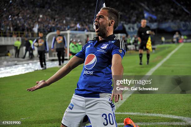 Federico Insua of Millonarios celebrates after scoring the first goal of his team during a first leg match between Millonarios and Envigado as part...