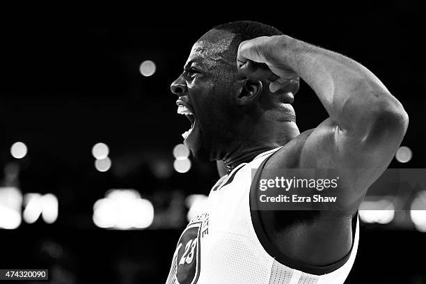 Draymond Green of the Golden State Warriors reacts after a play in the third quarter against the Houston Rockets during game two of the Western...