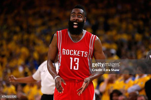 James Harden of the Houston Rockets reacts after a play in the fourth quarter against the Golden State Warriors during game two of the Western...
