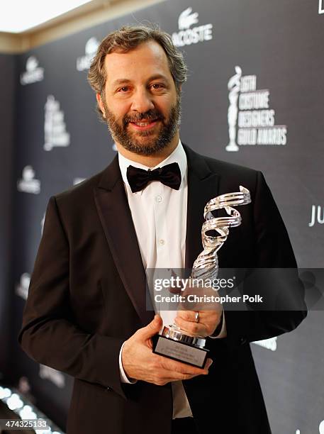 Honoree Judd Apatow poses with the Distinguished Collaborator award during the 16th Costume Designers Guild Awards with presenting sponsor Lacoste at...