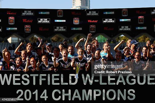 Melbourne Victory players celebrate after winning the W-League Grand Final match between the Melbourne Victory and the Brisbane Roar at Lakeside...