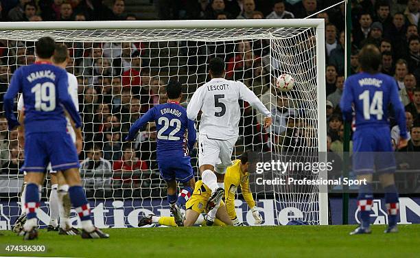 Niko Kranjcar scores for Croatia during the Euro 2008 Group E qualifying match between England and Croatia at Wembley Stadium on November 21, 2007 in...