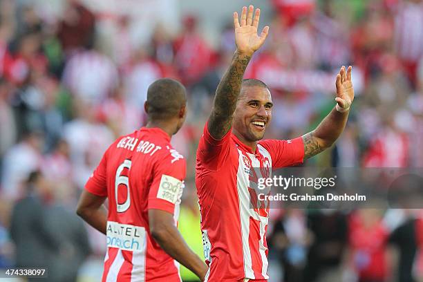 Patrick Kisnorbo of the Heart thanks the fans following victory in the round 20 A-League match between Melbourne Heart and Brisbane Roar at AAMI Park...