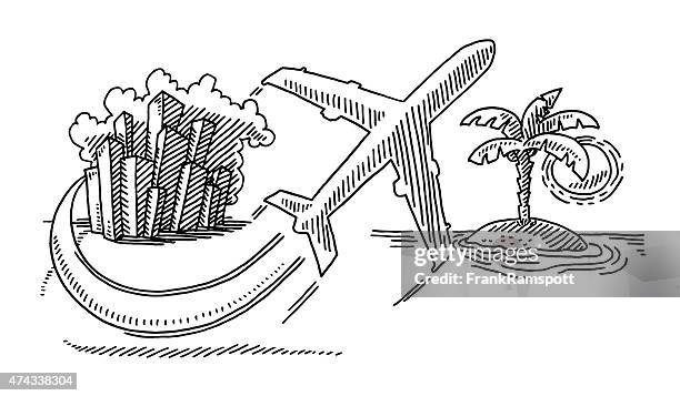 flight travel from city to paradise island drawing - palm trees clipart stock illustrations