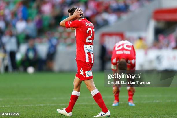 Mate Dugandzic of Melbourne reacts after missing a shot at goal during the round 20 A-League match between Melbourne Heart and Brisbane Roar at AAMI...