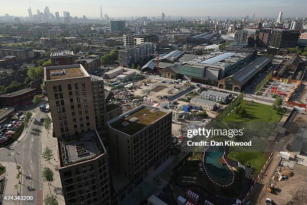 An elevated view of the new 'King's Cross Pond Club' outdoor swimming pool on May 22, 2015 in London, England. The 40 metre pool is purified using...