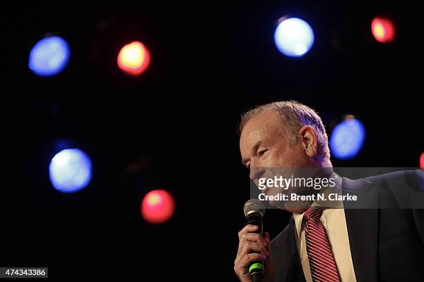 Political commentator Bill O'Reilly speaks on stage during the Rock The Boat Fleet Week Kickoff Concert held at Hard Rock Cafe, Times Square on May...