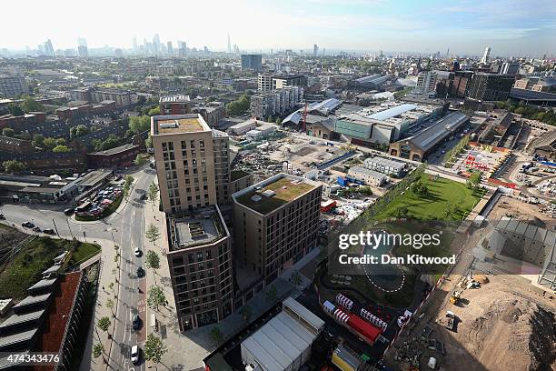 An elevated view of the new 'King's Cross Pond Club' outdoor swimming pool on May 22, 2015 in London, England. The 40 metre pool is purified using...