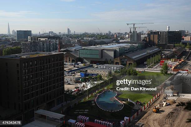 An elevated view of the new 'King's Cross Pond Club' outdoor swimming pool on May 22, 2015 in London, England. The 40 metre pool is purified using...