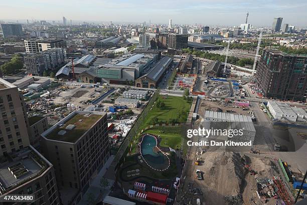 An elevated view of the new 'King's Cross Pond Club' outdoor swimming pool on May 22, 2015 in London, England. The 40 metre pool is purified using...