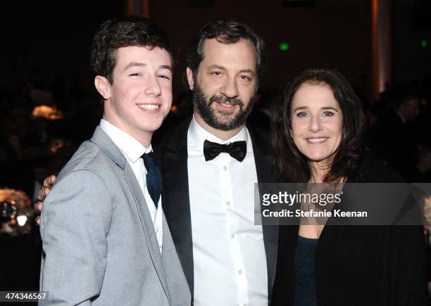 Gideon Howard, honoree Judd Apatow and actress Debra Winger attend the 16th Costume Designers Guild Awards with presenting sponsor Lacoste at The...