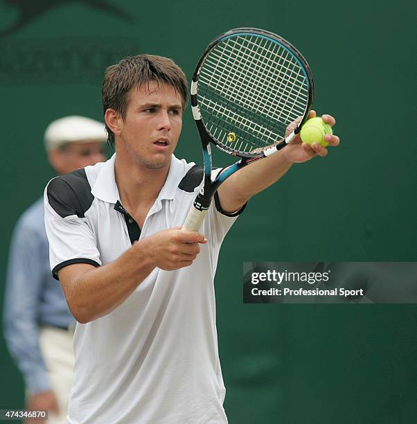 Luka Belic of Croatia in action against Hsin Han Lee of Taiwan during day nine of the Wimbledon Lawn Tennis Championships at the All England Lawn...