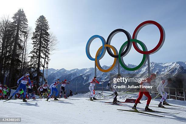 Athletes compete in the Men's 50 km Mass Start Free during day 16 of the Sochi 2014 Winter Olympics at Laura Cross-country Ski & Biathlon Center on...