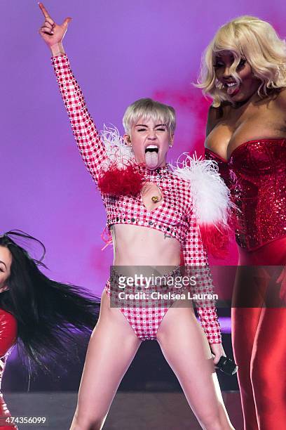 Singer Miley Cyrus performs during her "Bangerz Tour" at Staples Center on February 22, 2014 in Los Angeles, California.